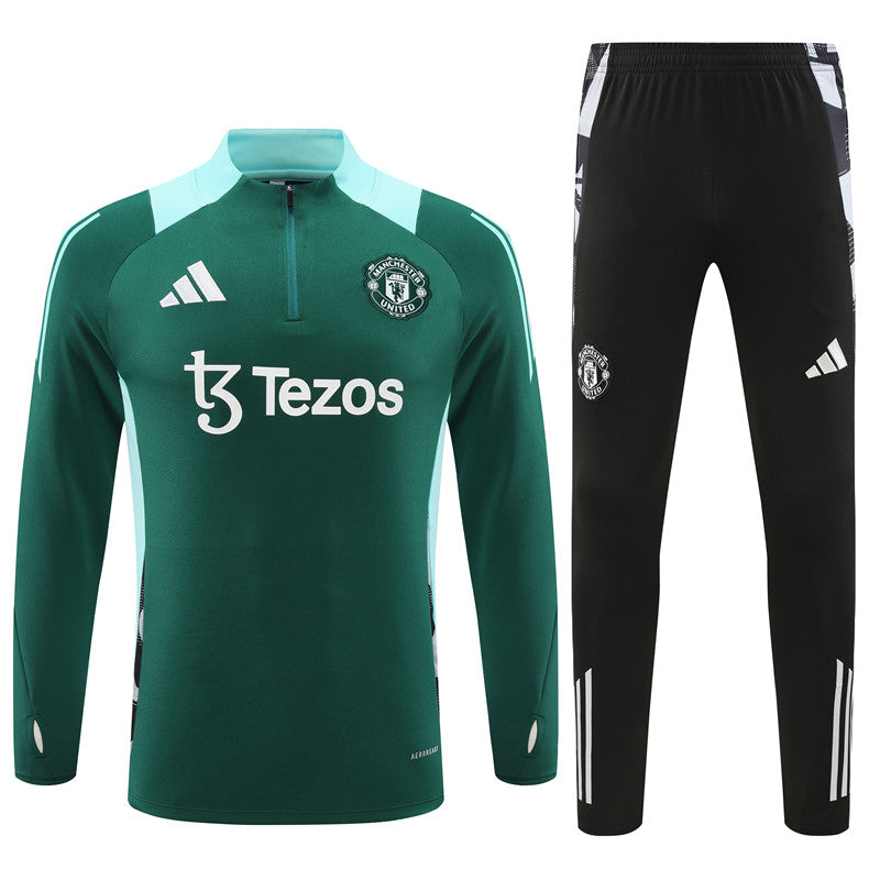 Manchester United Long Sleeve 1/4 Zipped Tracksuit Green/Black 2024-25
