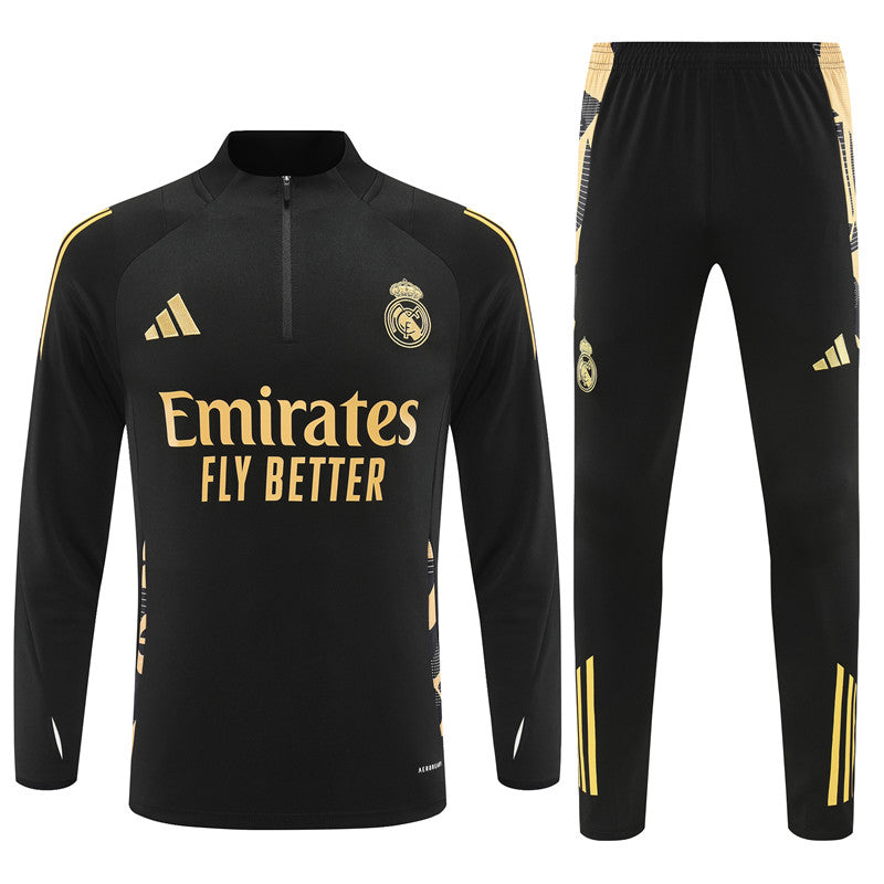Real Madrid Long Sleeve Zipped Tracksuit Black/Gold 2024-25