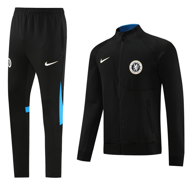 Chelsea Long Sleeve Zipped Tracksuit Black/Cyan 2023-24